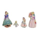 Three Royal Doulton figures, ''Pantalettes'', ''Miss Demure'' and ''Babie'' and a Continental
