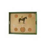 A printed silk panel showing the racehorse Brown Jack and his victories 1927-1933, in a tray