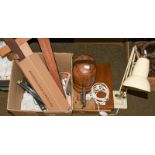 A Herbert Terry & Sons angle poise lamp, a milliners hat stretcher, other millinery equipment, box