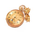 A lady's fob watch case stamped 14k, with attached 9 carat gold bow brooch