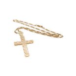 A diamond cross pendant on chain, pendant length 5.5cm, chain length 44cm. The piece is in fair