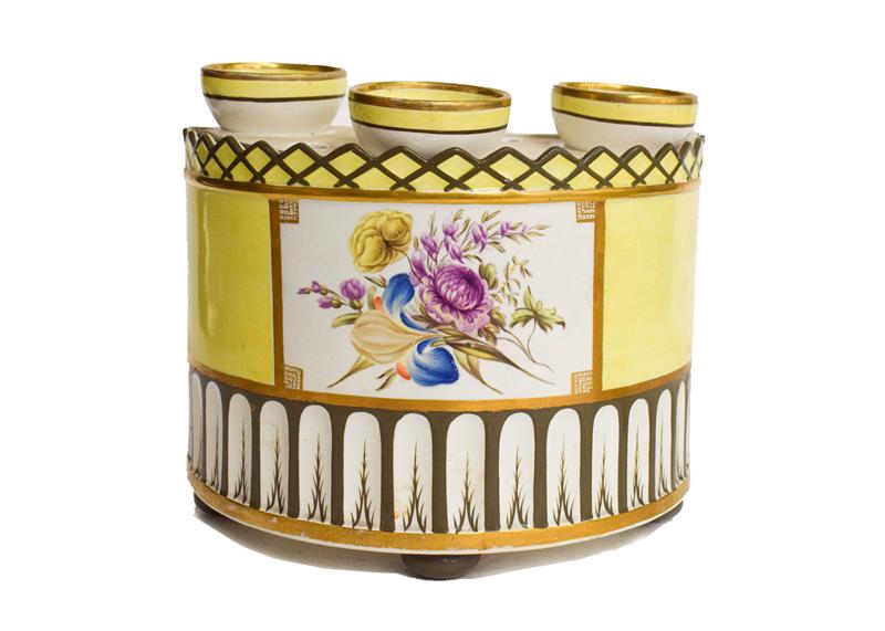 Three early 19th century pearlware yellow ground bough pots, with gilt edging and enamelled with - Image 2 of 3