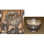 A large silver plated punch bowl, 38cm wide, 23cm high and a box of other silver plated items