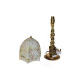 A brass oil lamp, another lamp, and a stick stand (3)