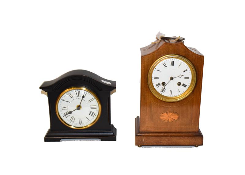 A Victorian slate and marble eight day mantel clock, together with an Edwardian inlaid mahogany - Image 3 of 3