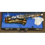 A Meister alto Saxophone (with case). Mouthpiece not in the image but is present in the lot. Brass
