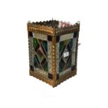 A Victorian stained glass lantern with square brass frame, 20cm square by 30cm