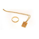 A 22 carat gold band ring, finger size N and a 9 carat gold pendant on chain, chain length 52cm .