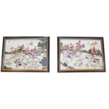 A pair of framed Continental porcelain tiles painted in coloured enamels with hunting scenes, 21cm