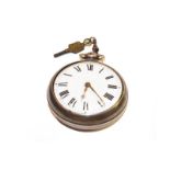A silver pair cased verge pocket watch, movement named Richard Scurr, Thirsk, Roman numeral enamel