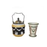 A Wedgwood tricolour Jasperware biscuit barrel and a spill vase (2). Flat chip to the inner rim of