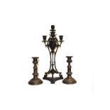 A bronze and black slate candelabrum together with a pair of old Sheffield plate telescopic