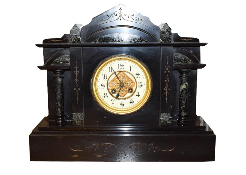 A Victorian slate and marble eight day mantel clock, together with an Edwardian inlaid mahogany