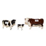 Beswick Cattle comprising 'Polled Hereford Bull', model No. 2549A, brown and white gloss, Friesian