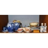 Blue and white meat plates, cut glass, 18th century tea bowl and saucer, Ringtons jars, Royal