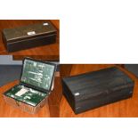 An early 19th century reeded ebony writing slope (locked), a fitted work box of sarcophagus form