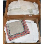 Assorted white linen including table cloths, napkins, embroidered linen, some with crochet edging,