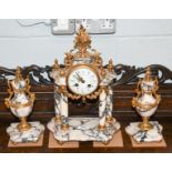 A good French clock garniture with grey marble columns, with a pair of matching vases, all gilt