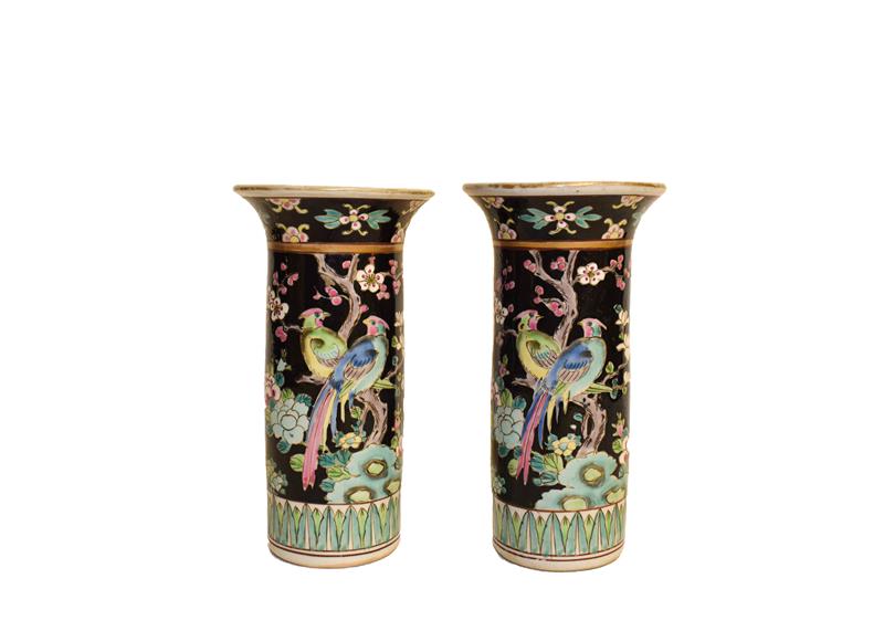 A pair of modern Chinese famille noir cylinder vases, 16cm high, a Royal Doulton series ware oval