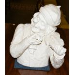 An early 20th century carved white marble head and shoulder portrait bust of a man playing a fiddle,