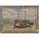 Dutch school (20th century) Boats on the shore, oil on canvas, indistinctly signed, 39cm by 59cm
