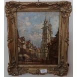 G J Keats (19th century) Continental town view, signed, oil on canvas laid to board, 31.5cm by 24cm