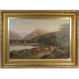 Dunnington, Highland cattle being driven by a river side, oil on canvas, 40cm by 60cm