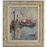 E Blanche (20th century French) Boats at a village dock, oil on canvas, 38cm by 32cm