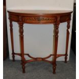 A reproduction satinwood and polychrome decorated demi lune side table, 94cm by 39cm by 83cm