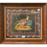 Two woolwork tapestries, frames and glazed, a partridge and a golden pheasant, partridge 39cm by