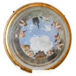 A pair of circular ceiling mounted panels, modern in the Renaissance style, with moulded silver