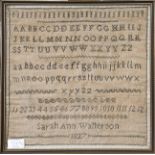 Alphabet sampler worked in black threads by Sarah Ann Walterson dated 1837 and another by Mary