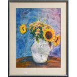 Sue Loder (contemporary) study of sunflowers in a white jug, mixed media, signed and dated (19)98,