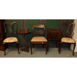 A mahogany tambour-front bedside cabinet, a 19th century games table, three chairs and a pine