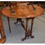 A Victorian burr walnut Sutherland table, 113cm by 94cm by 72cm . Central section is faded, legs a