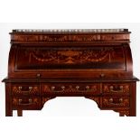 An Edwardian Mahogany, Satinwood Banded and Marquetry Inlaid Cylinder Desk, in the manner of Edwards