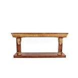 A Victorian Brown Oak and Parcel Gilt Console Table, in the manner of William Kent, mid 19th