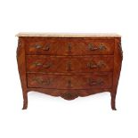 A French Louis XV Style Tulipwood and Floral Marquetry Serpentine Shaped Commode, 20th century,