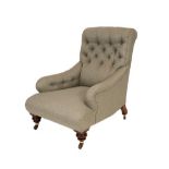 A Victorian Howard Style Armchair, late 19th century, recovered in modern buttoned grey tweed,