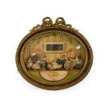 A French Printed Card Diorama, mid 19th century, depicting children and a dog in a drawing room with