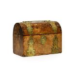 A Victorian Brass Bound Walnut Domed Top Stationery Box, with scroll handle and applied strapwork