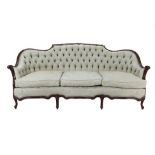 A George III Style Mahogany Framed Sofa, late 19th century, recovered in green buttoned fabric, with