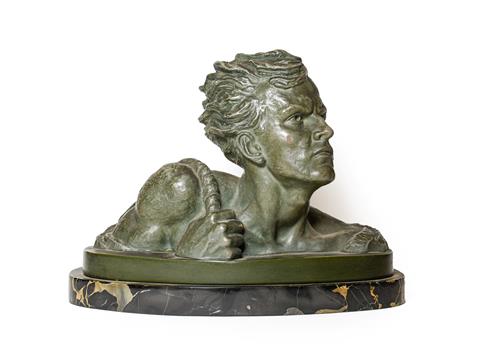 French School (early 20th century): A Bronzed Terracotta Bust of a Youth, with a rope over his