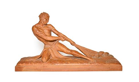 After Ugo Cipriani (1887-1960): A Terracotta Figure of a Fisherman, kneeling, hauling in a net, on a