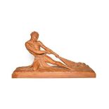 After Ugo Cipriani (1887-1960): A Terracotta Figure of a Fisherman, kneeling, hauling in a net, on a