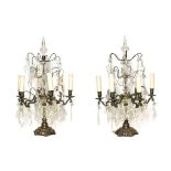 A Pair of French Brass-Mounted Metal Six-Light Candelabra, in Louis XV style, with minaret finials