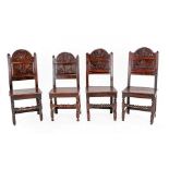 Two Pairs of Joined Oak Lancashire Back Stools, circa 1700, one pair with carved top rails and