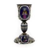 A Limoges Enamel Chalice, in 17th century style, in the manner of Joseph Reymond, the bell shaped