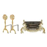 A Pair of Andirons, in 18th century style, with basket and foliate finials, baluster stems and splay