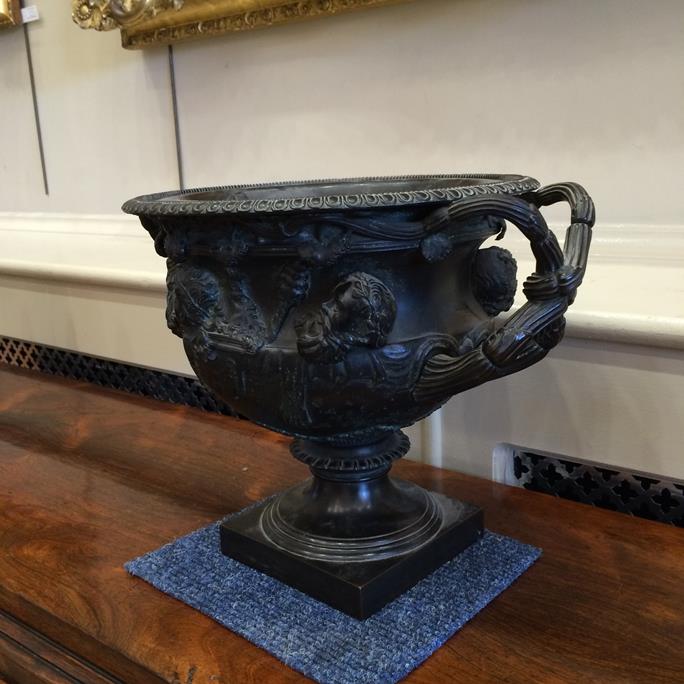 After the Antique: A Bronze Warwick Vase, of typical form, on a square plinth, 34cm wide Having been - Image 3 of 11